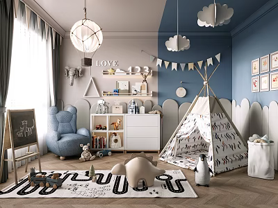 Charming Kids Room Interior With Teepee Blue Armchair And Cloud Lights 3d model