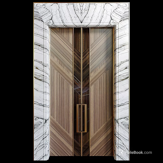 Elegant Wooden Double Doors With Marble Frame And Gold Handles Modern Interior Design 3d model 