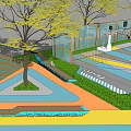 Outdoor Basketball Court With Colorful Floor Design Surrounding Trees And Fencing