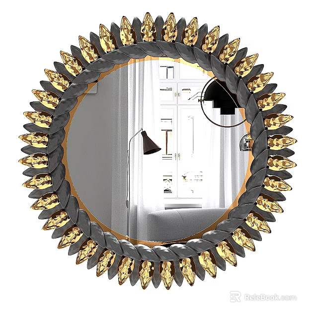 Round Mirror With Gold Decorative Accents And Black Border In Living Room With Lamp Reflection 3d model 