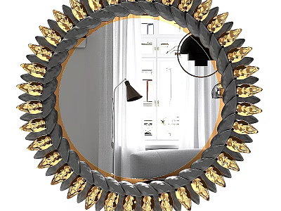 Round Mirror With Gold Decorative Accents And Black Border In Living Room With Lamp Reflection 3d model