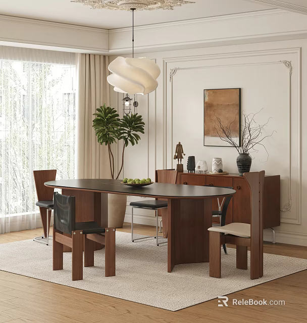 Modern Dining Room Interior With Oval Wooden Table And Chairs Set Pendant Light And Wall Art 3d model 