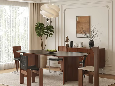 Modern Dining Room Interior With Oval Wooden Table And Chairs Set Pendant Light And Wall Art 3d model