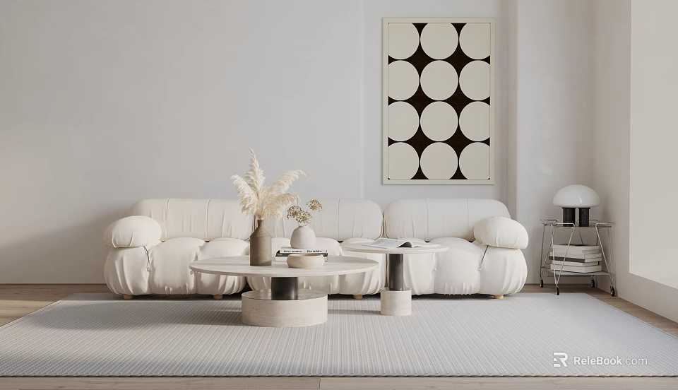 Minimalist White Multi Seater Sofa with Round Coffee Table and Circle Wall Art 3d model 