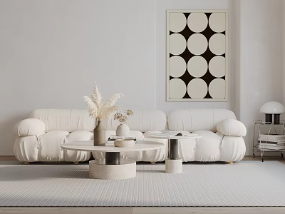 Minimalist White Multi Seater Sofa with Round Coffee Table and Circle Wall Art 3d model