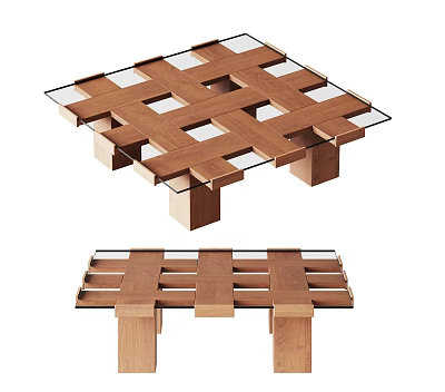 Modern Wood Coffee Table With Glass Panels And Geometric Interlocking Design 3d model