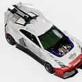 White And Red Custom Sports Car With Rear Wing Large Wheels And Engine Details