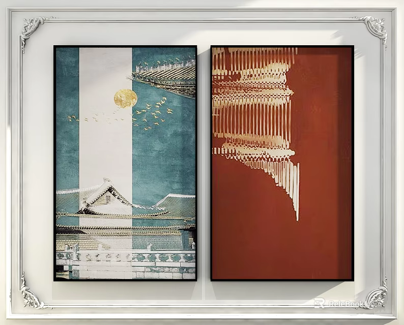 Two Abstract Paintings With Blue White Red Backgrounds And Structural Designs 3d model