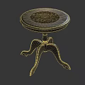 Round Wooden Dining Table With Golden Floral Pattern And Carved Curved Legs