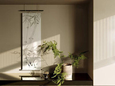 Ceramic Vase with Natural Fern Plants on Shelf Near Bamboo Scroll in Soft Serene Light 3d model