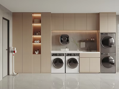 Modern Laundry Room Interior With Built In Washing Machines Dryers And Wooden Cabinets 3d model