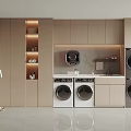 Modern Laundry Room Interior With Built In Washing Machines Dryers And Wooden Cabinets