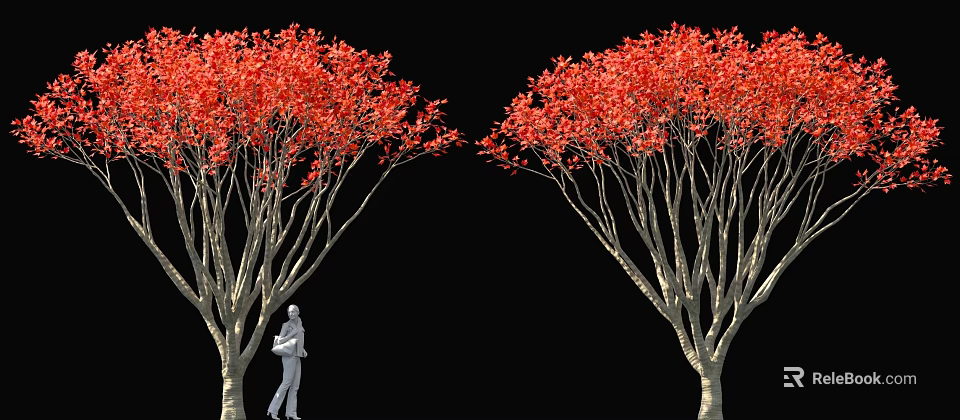 Red Leaf Arbor Trees Standing Symmetrically With White Figure Between Them Against Black Background 3d model 