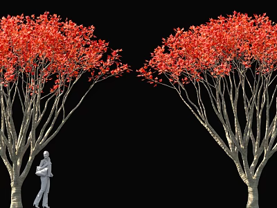 Red Leaf Arbor Trees Standing Symmetrically With White Figure Between Them Against Black Background 3d model