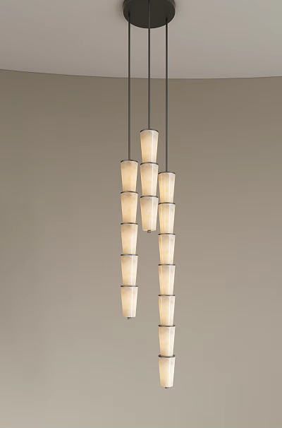 Modern Chandelier With Multiple Cylindrical White Shades Hanging Vertically In Design 3d model