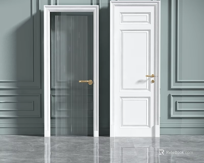 White Hinged Doors With Glass Panel And Golden Handle For Modern Home Interior Design 3d model 