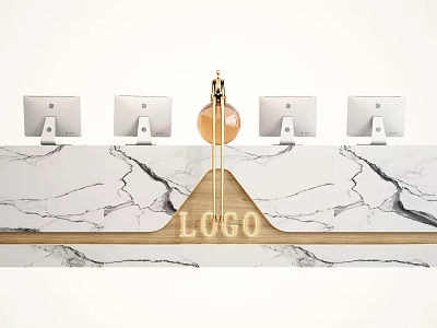 Modern Reception Desk with White Marble Countertop Four Monitors and Golden Logo Decor 3d model