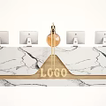 Modern Reception Desk with White Marble Countertop Four Monitors and Golden Logo Decor