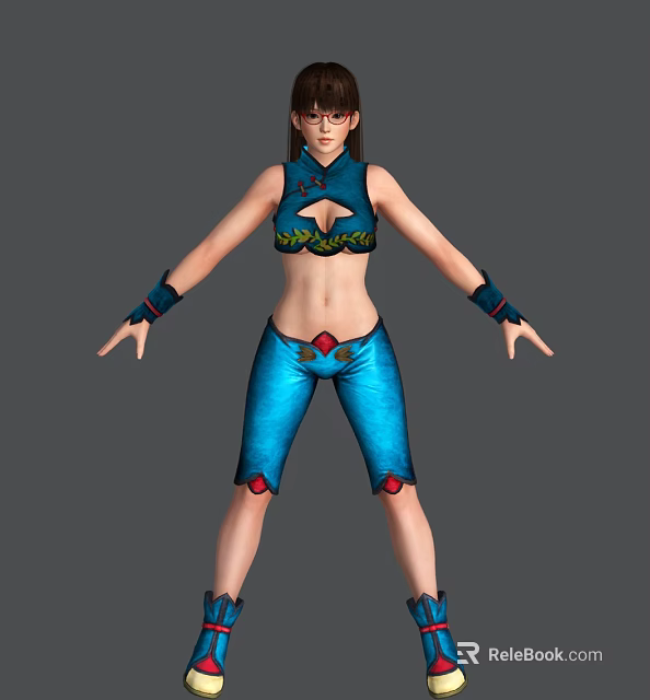 Female Game Movie Character With Blue Outfit Green Decorative Details Shorts And Gloves 3d model 