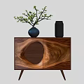 Modern Walnut Wood Entryway Cabinet Sideboard With Round Cutout Design Black Vase And Green Branches