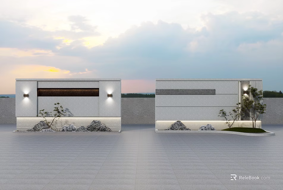 Modern Outdoor Courtyard Design With White Walls Lighting Rock Formations And Small Trees 3d model 