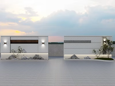 Modern Outdoor Courtyard Design With White Walls Lighting Rock Formations And Small Trees 3d model
