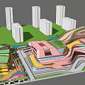 Modern Office Building With Curved Design Green Landscape And Colorful Pathways