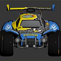 Colorful Blue And Yellow Toy Racing Car With Large Wheels Rear Wing And Decals