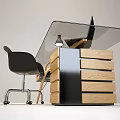 Modern Office Desk With Glass Top Wooden Structure Laptop Lamp And Black Chair