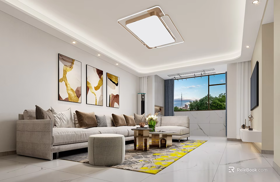 Modern Living Dining Room Interior Design With Sofa Pillows Coffee Table Yellow Gray Rug And City View 3d model 