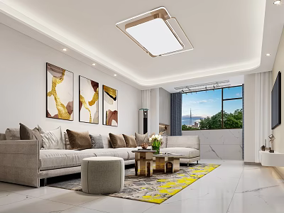 Modern Living Dining Room Interior Design With Sofa Pillows Coffee Table Yellow Gray Rug And City View 3d model