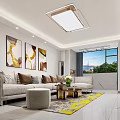Modern Living Dining Room Interior Design With Sofa Pillows Coffee Table Yellow Gray Rug And City View