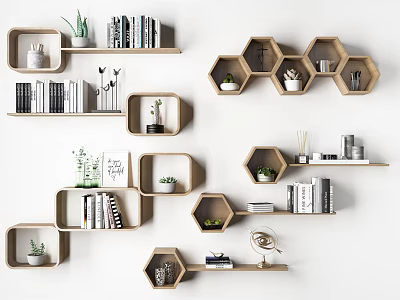 Modern Wall Mounted Cabinets In Various Shapes For Storage And Decoration With Books And Plants 3d model