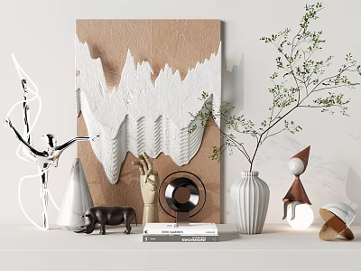 Modern Decorative Ornament Set With Art Painting Vase Sculptures And Green Plants 3d model