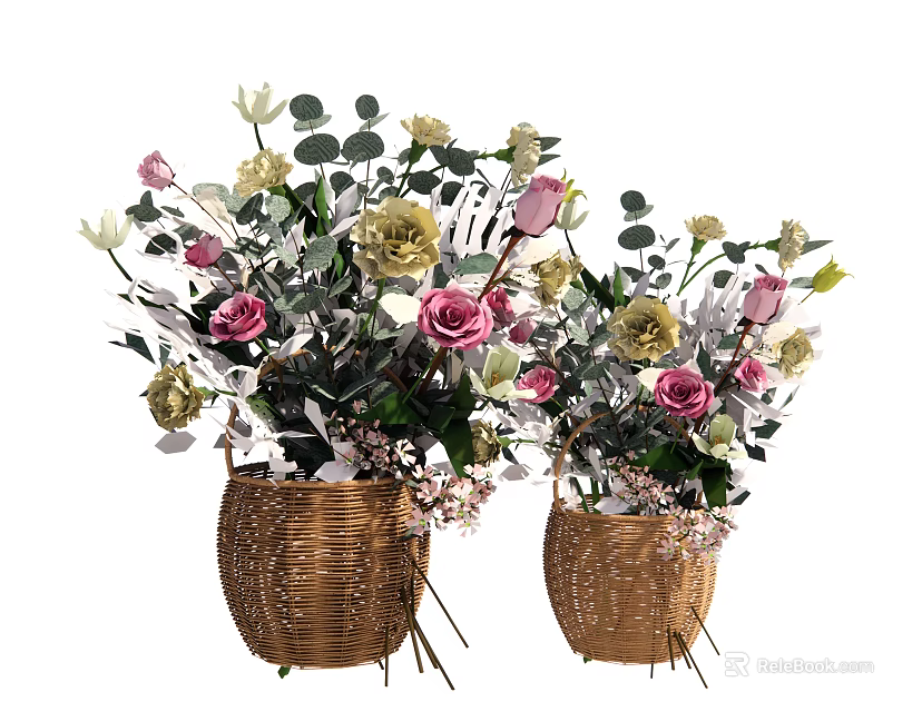 Decorative Flower Arrangement with Pink Gold Flowers Green Leaves in Wicker Baskets for Home Decor 3d model 