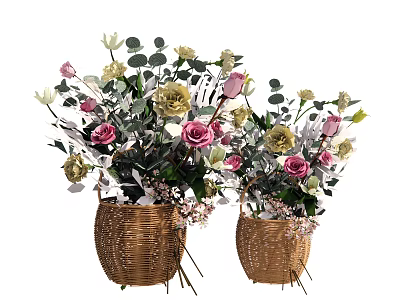 Decorative Flower Arrangement with Pink Gold Flowers Green Leaves in Wicker Baskets for Home Decor 3d model