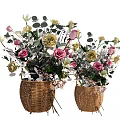 Decorative Flower Arrangement with Pink Gold Flowers Green Leaves in Wicker Baskets for Home Decor