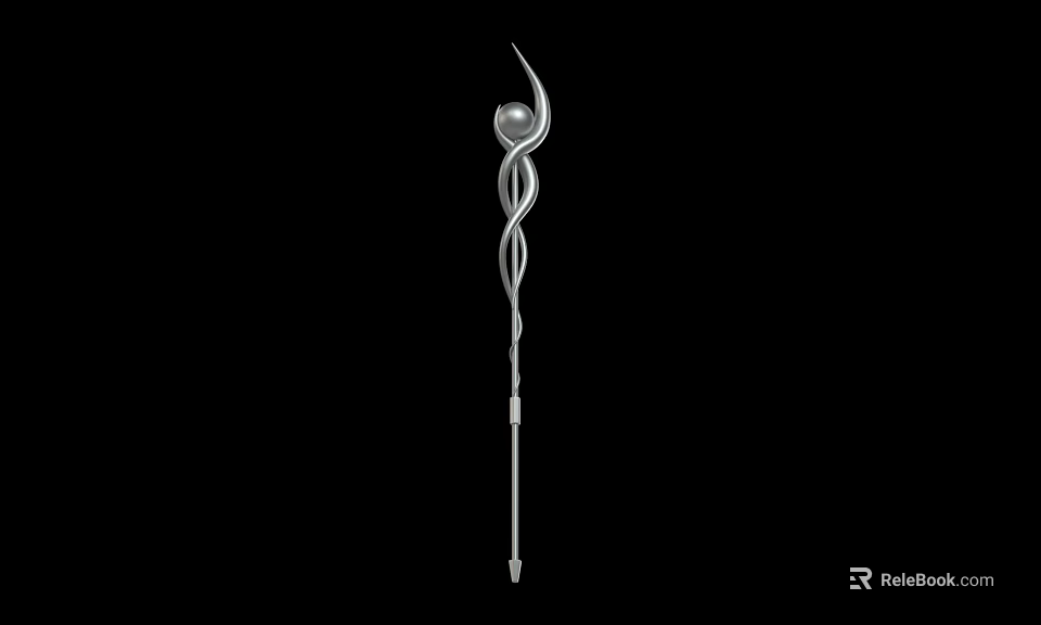 Silver Decorative Long Handle Weapon With Spiral Design And Top Sphere 3d model 