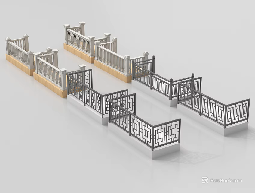 Traditional Metal Railings With Intricate Lattice Patterns And Various Base Styles 3d model 