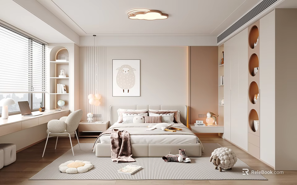 Cozy Kids Room Interior With Bed Stuffed Animals Shelves Artwork And Soft Lighting 3d model 