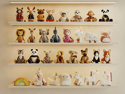 Colorful Stuffed Animals Plush Toys on Shelves with Various Animal Designs and Rainbow Decor 3d model
