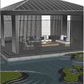 Modern Outdoor Pavilion With Black Slatted Screens Roof Pool And Lush Greenery