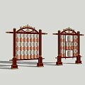 Art Installation with Red Frame Golden Decorations and Symmetric Design Featuring White Orange Circular Elements 3d model