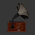 Vintage Phonograph Electronic Appliance With Red Base Black Horn And Vinyl Record