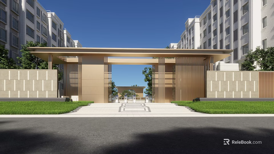 Modern Architectural Gate Structure Featuring Metal Frames Symmetrical Steps And Green Lawn 3d model