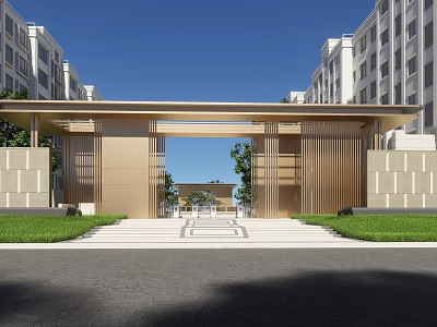 Modern Architectural Gate Structure Featuring Metal Frames Symmetrical Steps And Green Lawn 3d model