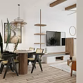 Modern Dining and Living Room Space with Wooden Table Sofa Pendant Lights and Green Plants