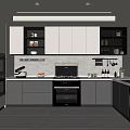 Modern Gray Kitchen Interior With Cabinets Built in Oven Refrigerator And Countertop