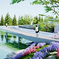 Scenic Park Landscape With Bridge Over Lake Purple Pink Flowers And Pine Trees