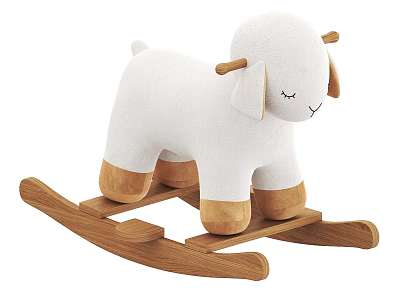 Cute White Plush Rocking Sheep Toy With Wooden Base And Brown Ears 3d model